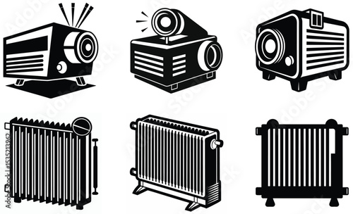 Illustrated black and white icons representing projectors and radiator heating equipment designs