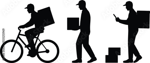 Delivery service silhouette with courier delivering packages by bike and on foot
