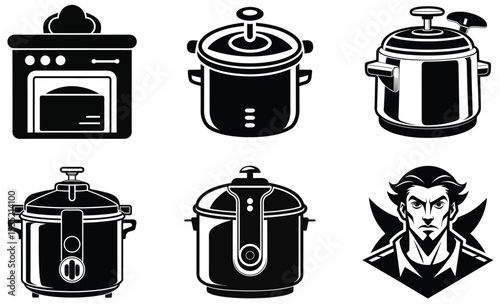 Monochrome illustrations of kitchen appliances with electric oven and cooker symbols