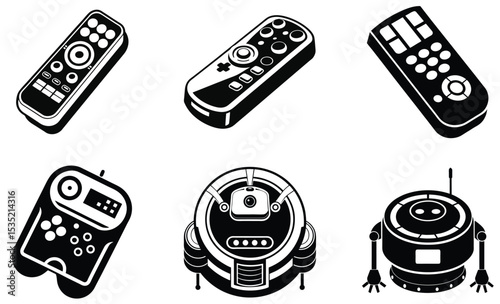 Set of modern home technology devices depicted with minimalist black and white illustrations