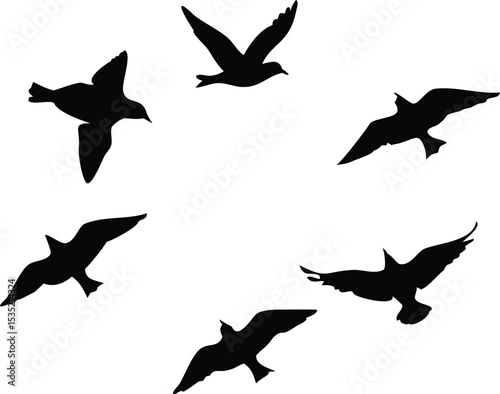 dark silhouette birds flying, monochrome minimalist bird illustration, vector graphic design birds, stark black and white bird silhouette art
