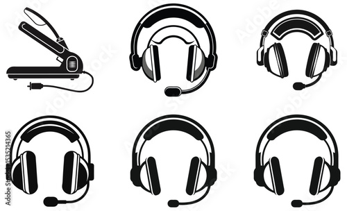 Set of monochrome silhouettes featuring headphones and a hair straightening iron