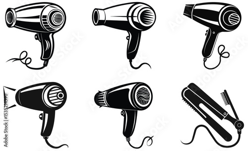 Set of stylish hair dryer illustrations featuring different designs and electrical styling tools