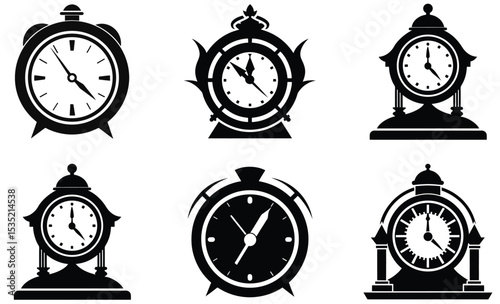Vector collection of six black and white antique clock designs illustrating different styles