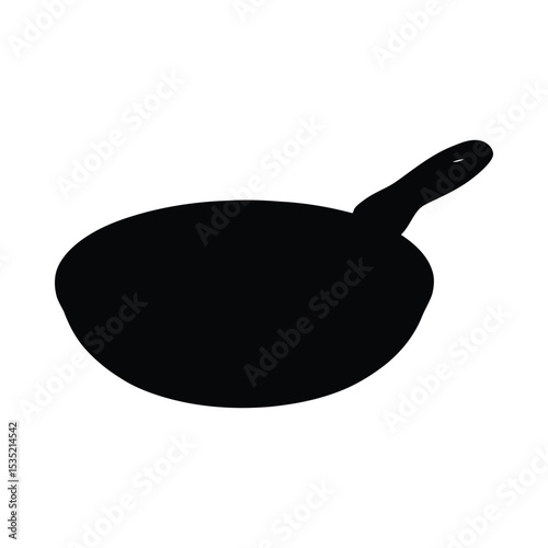 Minimalist black silhouette illustration of a frying pan with a simple rounded handle