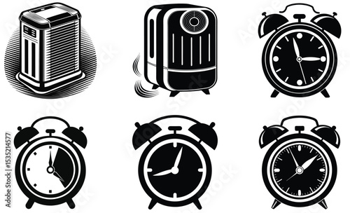 Vector illustration of air purifiers and alarm clocks with modern black and white graphic design