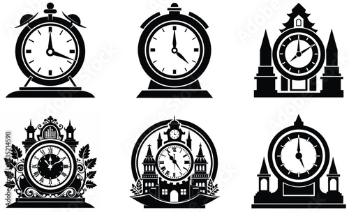 Vector illustration of a collection of stylized black and white clock designs in various forms