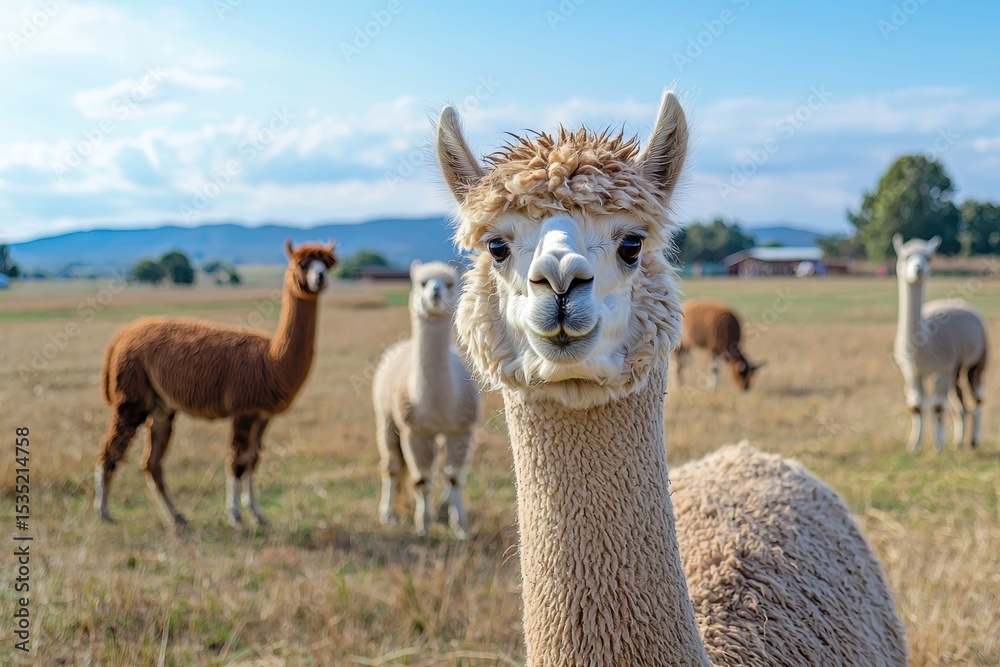 Obraz premium Group of llamas grazing in a sunlit field with a scenic backdrop of hills and cloudy sky