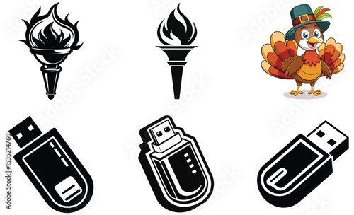Vector illustrations of flaming torches usb drives and a cartoon thanksgiving turkey character