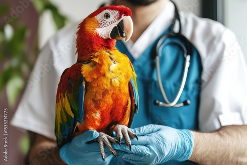 Veterinarian caring for a colorful parrot in a bright office setting during a routine check-up