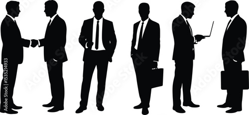 Silhouetted business professionals engaging in collaboration and communication in diverse situations