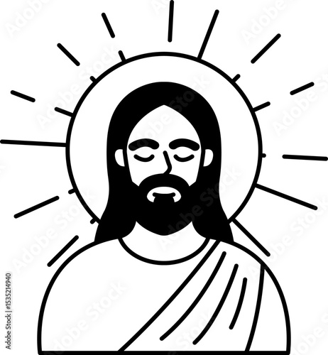 black and white illustration of Jesus has a glowing aura behind him