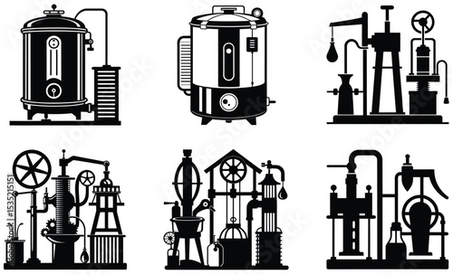 Black and white silhouettes of industrial machinery with gears wheels and mechanical elements