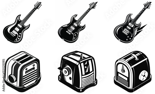Black and white vector illustrations of electric guitars and retro toasters for various designs