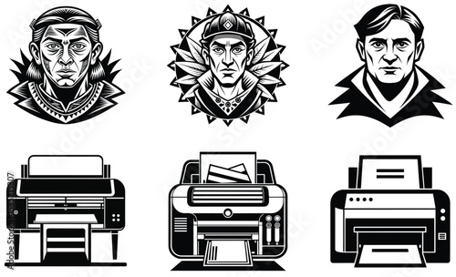Black and white vector illustrations of people portraits and office printers equipment