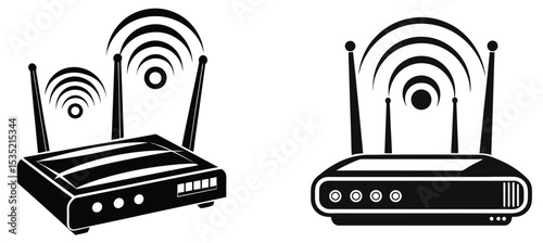 Black and white vector illustrations of wireless routers symbolizing internet connectivity