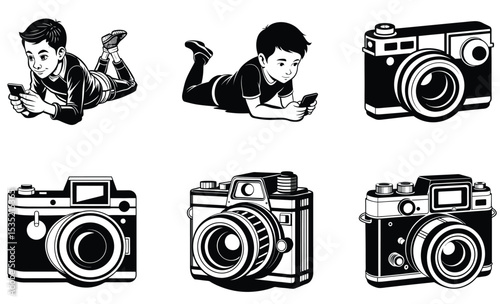 Boy using phone beside illustrations of several vintage film cameras black and white