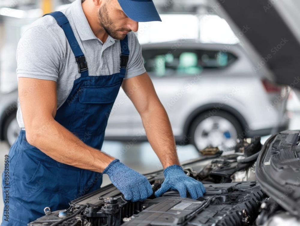 © Netsai - A mechanic wearing blue overalls and gloves works on a car engine, carefully inspecting components under the hood.
