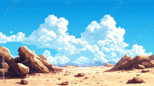 Sunny desert landscape with rocks and fluffy clouds.