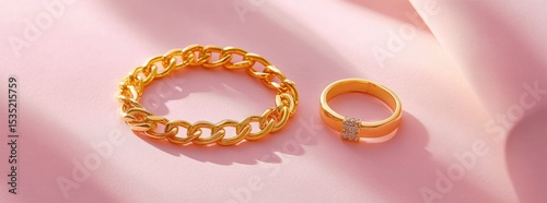 Elegant gold bracelet and ring on soft pink background showcase luxury jewelry