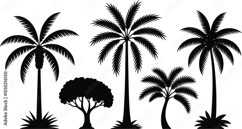 Obraz premium Black silhouette palm trees and bush set isolated on white background