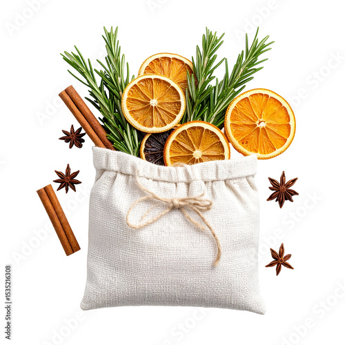 Dried Citrus, Cinnamon, and Rosemary in a White Pouch