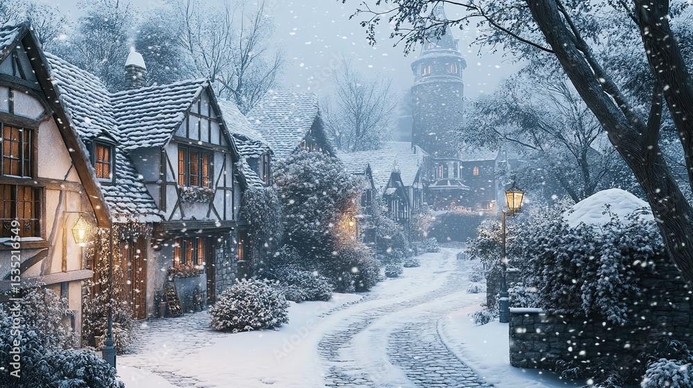 Fototapeta premium Snowy, fairytale village street at night