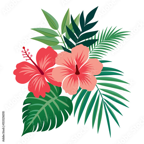 Pink tropical flowers bloom with verdant leaves in a beautiful vector illustration, perfect for nature-inspired designs