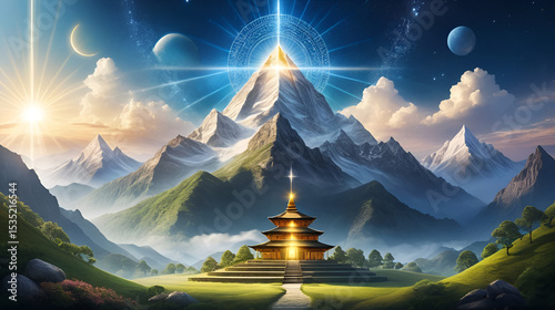 Celestial representation of sacred mountains illuminated divine light and spiritual symbols