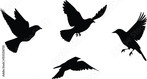 Printbird silhouettes, dark flying birds, minimalist birds in flight, black and white bird illustrations, simple avian shapes, dynamic bird motif, abstract bird icons, graphic bird symbols, elegant