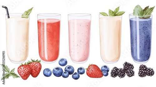 Colorful Display of Fresh Fruit Smoothies in Glasses with Straw and Mint Garnish for Healthy Lifestyle Concept