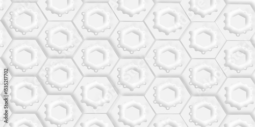 Seamless pattern of white hexagons with central hexagonal holes and decorative droplet accents design.