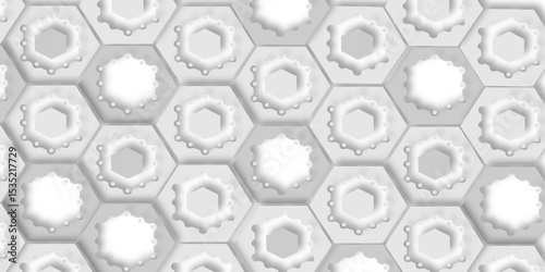 Seamless pattern of white hexagons with central hexagonal holes and decorative droplet accents design.