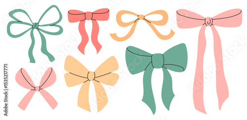 Cute bow set. Fashionable various bows, gift ribbons. Bowknots for gift wrapping. Hair accessory. Hand drawn flat vector illustration isolated on white background