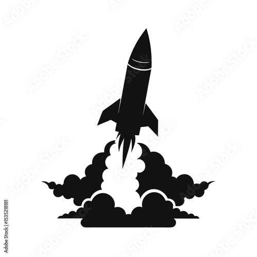 Black Silhouette Missile Launching with Flames and Smoke Against White Background