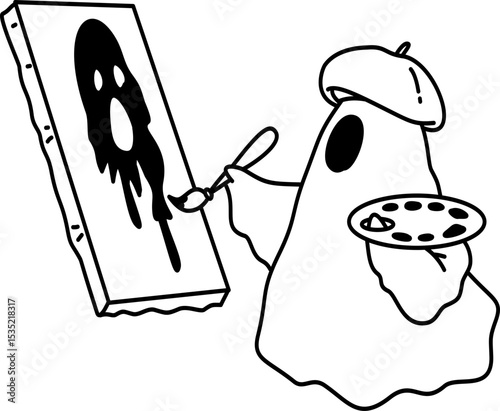 Hand drawn Halloween Groovy Ghost Artist Painting Cartoon Outline