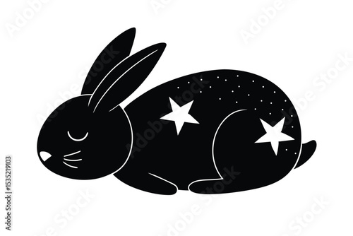 Sleeping bunny with long ears and stars vector art illustration