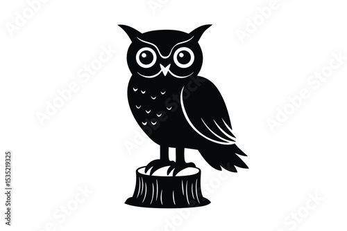 Wide-eyed owl perched on tree stump vector art illustration