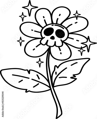 Hand drawn Halloween Groovy Skull Flower Ghost Cartoon Outline
