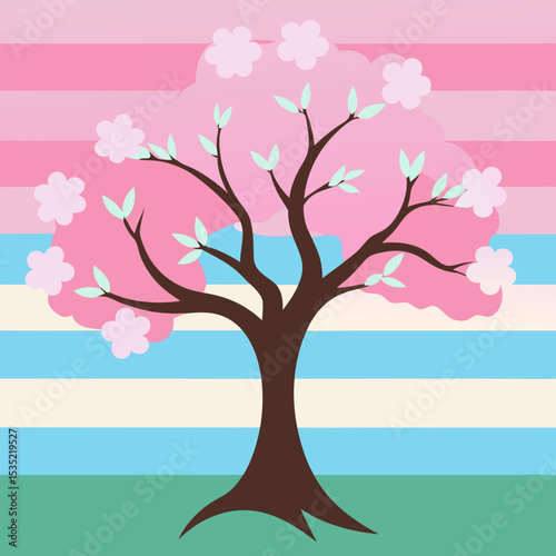 akura tree in bloom with pastel retro stripes  vector illustration