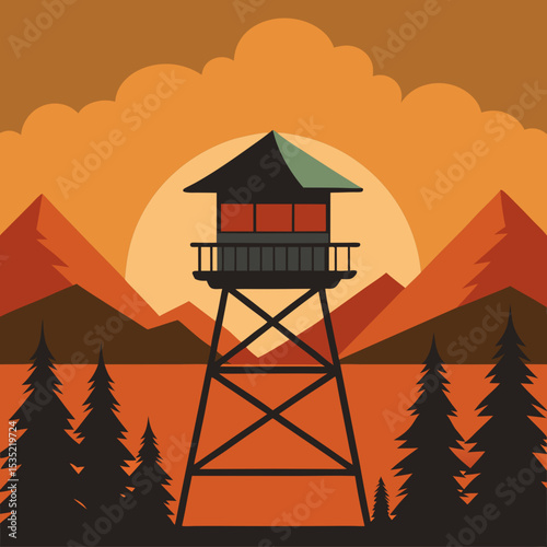 vector illustration  firewatch tower in wilderness with vintage sky
