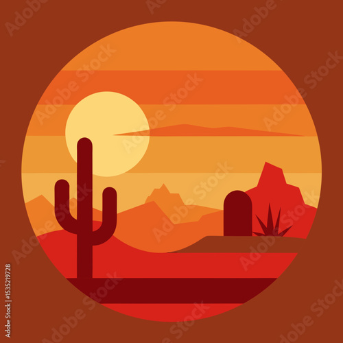 vector illustration desert scene with cactus and rocky hills