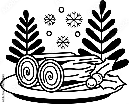 black and white illustration of a plate of Yule Log cake