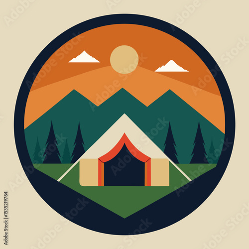 vector illustration  glamping tent in nature with sunset badge effect