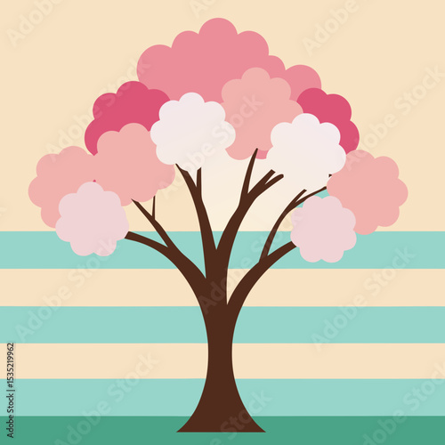 vector illustration sakura tree in bloom with pastel retro stripes