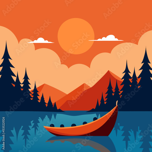 vector illustration canoe on a calm lake with forest and orange retro.