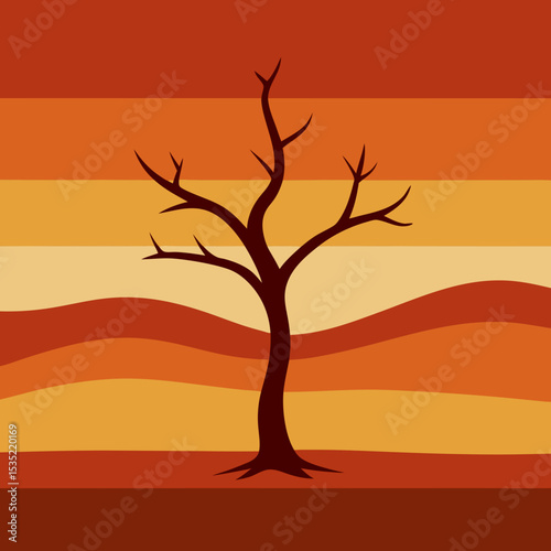 dead tree in desert under warm retro stripes vector illustration