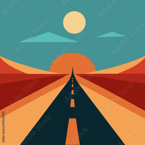 vector illustration desert road and long shadows under retro sky