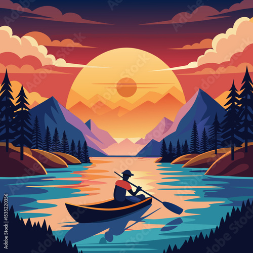 vector illustration kayaker paddling across a river with retro sunset