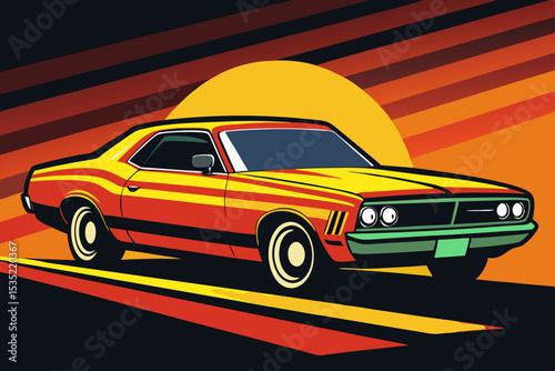vector illustration lowrider with bold sun and neon stripe effects